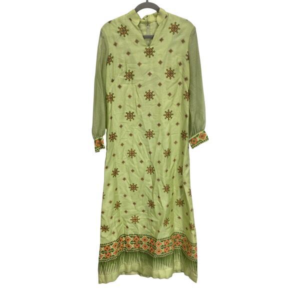 Vintage Alfred Shaheen Maxi Dress Women's 12‎ Border Print Mod Lined Green - Picture 1 of 10